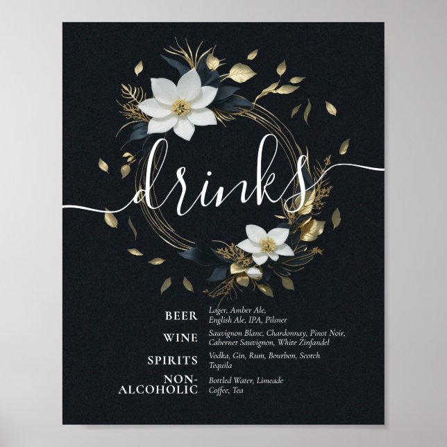 Schwarz-weißes Gold Floral Wreath Wedding Drinks M Poster (Vorne)