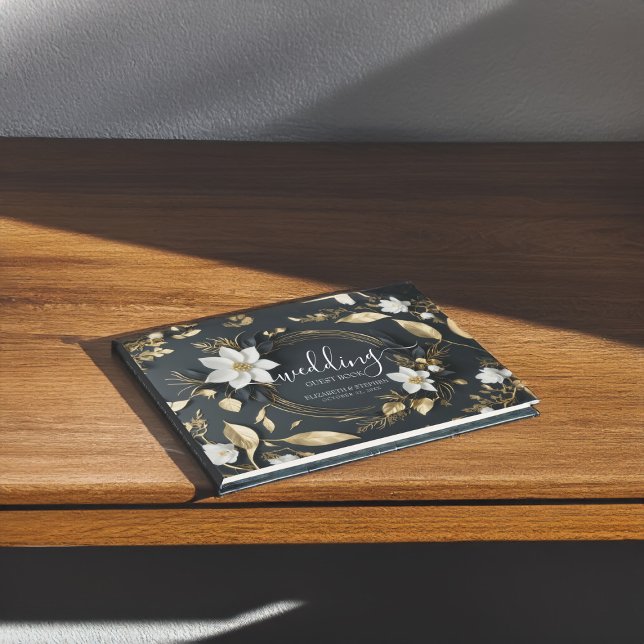 Schwarz-weißes Gold Floral Wreath Wedding Gästebuc Gästebuch (Von Creator hochgeladen)