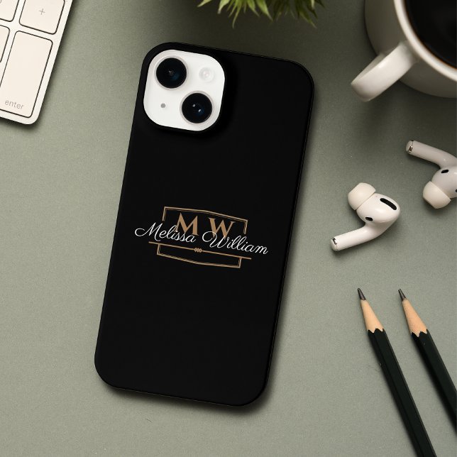 Schwarz-weißes Gold Monogramm Name-Skript iPhone 14 Hülle (Von Creator hochgeladen)