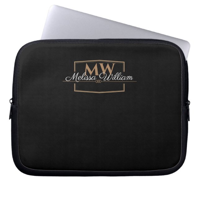Schwarz-weißes Gold Monogramm Name-Skript Laptopschutzhülle (Vorderseite)