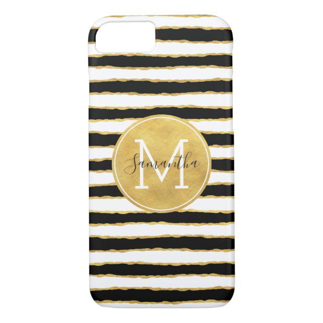 Schwarz-weißes Gold Stripes Monogramm Case-Mate iPhone Hülle (Rückseite)