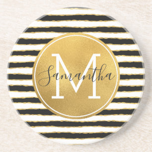Schwarz-weißes Gold Stripes Monogramm Untersetzer