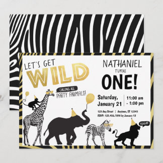 Schwarz-weißes Gold Wild Ein Party Tier Geburtstag Einladung