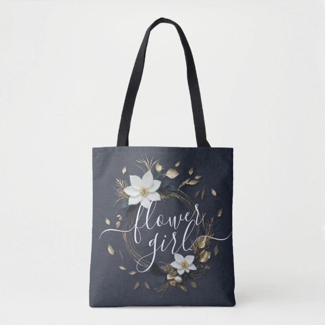 Schwarz-weißes Goldblumenblumenmädchen Tasche (Vorderseite)