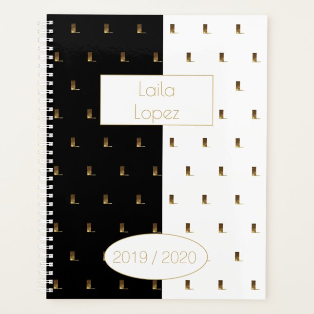 Schwarz-weißes Goldmonogramm 2019 2020 L Planer (Vorderseite)