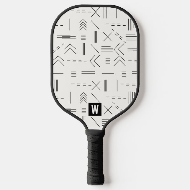 Schwarz-weißes Gorgeous Modern Geometric Monogram Pickleball Schläger (Vorderseite)