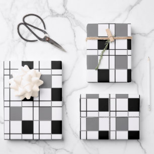 Schwarz-weißes graues Kariertes Tartan Prüfmuster Geschenkpapier Set