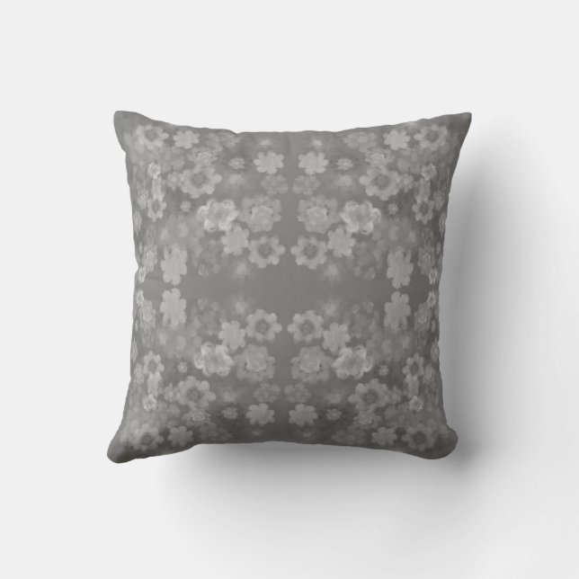 Schwarz-weißes graues Retro-Floral-Muster Kissen (Rückseite)