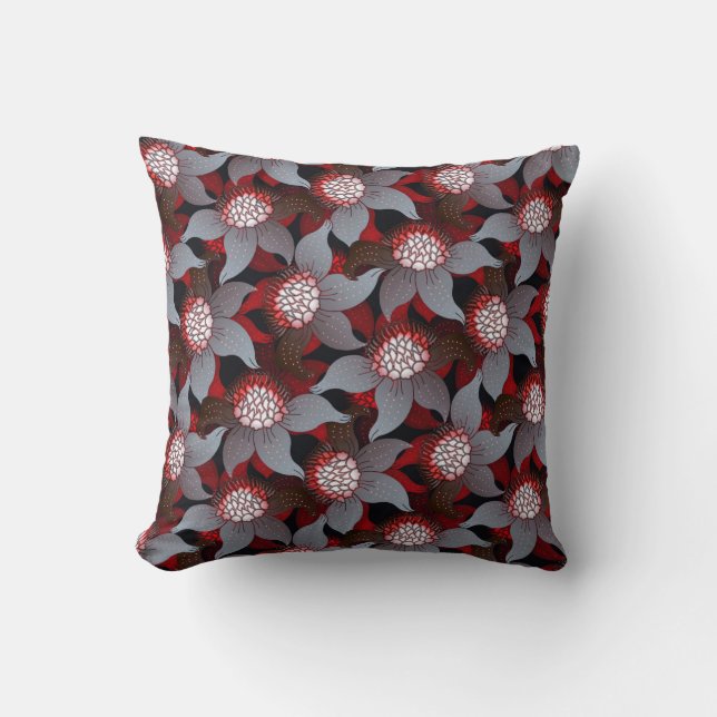 Schwarz-weißes graues und rotes, feines Blumenmust Kissen (Vorderseite)