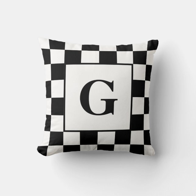 Schwarz-weißes Grenzmuster mit Monogramm Kissen (Vorderseite)