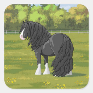 Schwarz-weißes Gypsy Vanner Tinker Zugpferd Quadratischer Aufkleber