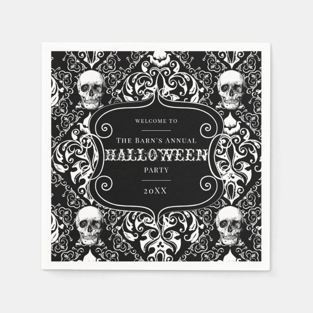 Schwarz-weißes Halloween-Damaskeulenmuster Serviette (Vorderseite)