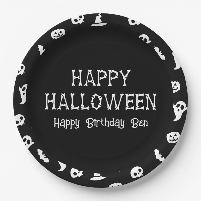 Schwarz-weißes Halloween-Halloween-Party Pappteller (Vorderseite)