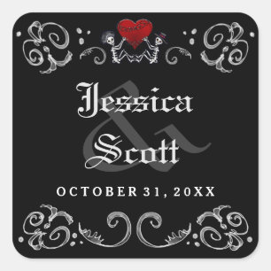 Schwarz-weißes Halloween-Skelett Hochzeitdatum Quadratischer Aufkleber