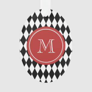 Schwarz-weißes Harlekin-Muster, rotes Monogramm Ornament
