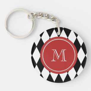 Schwarz-weißes Harlekin-Muster, rotes Monogramm Schlüsselanhänger