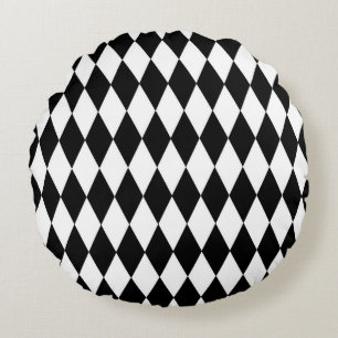 Schwarz-weißes Harlequin Diamonds-Musterdesign Rundes Kissen