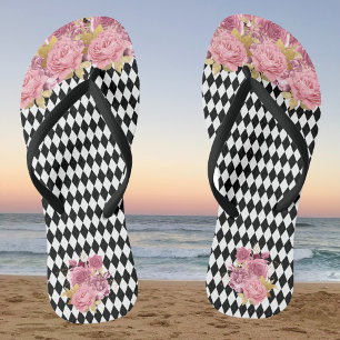 Schwarz-weißes Harlequin mit rosa Blume Flip Flops