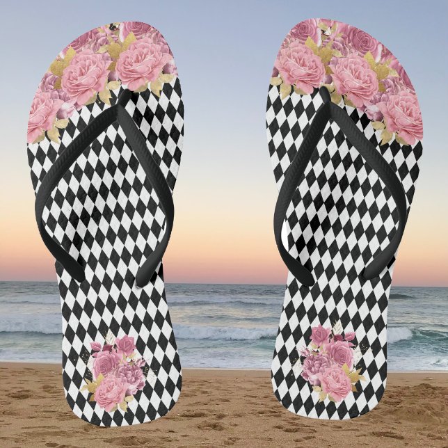 Schwarz-weißes Harlequin mit rosa Blume Flip Flops (Von Creator hochgeladen)