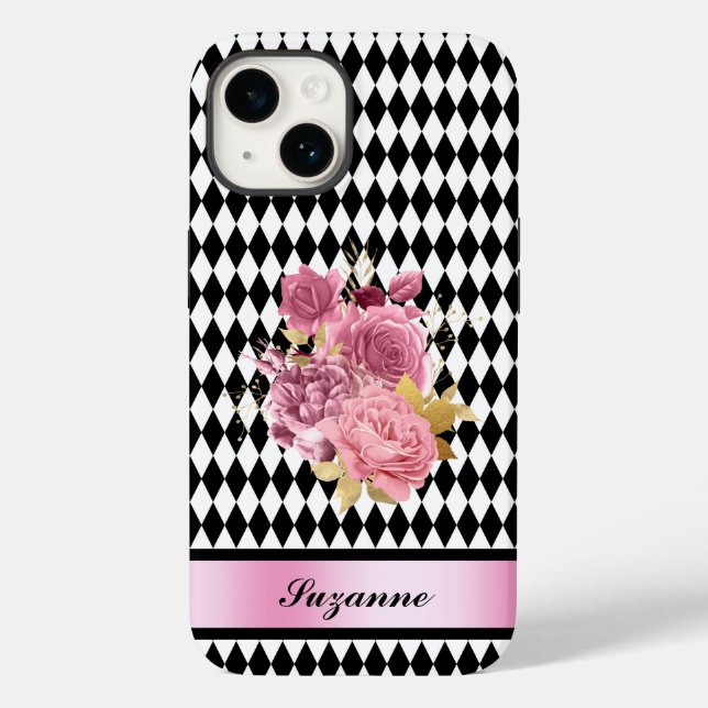 Schwarz-weißes Harlequin mit rosa Blume und Name Case-Mate iPhone 14 Hülle (Rückseite)