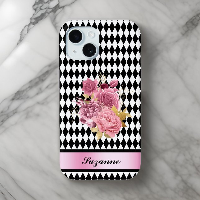 Schwarz-weißes Harlequin mit rosa Blume und Name Case-Mate iPhone Hülle (Von Creator hochgeladen)