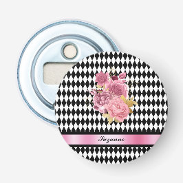 Schwarz-weißes Harlequin mit rosa Blume und Name Flaschenöffner
