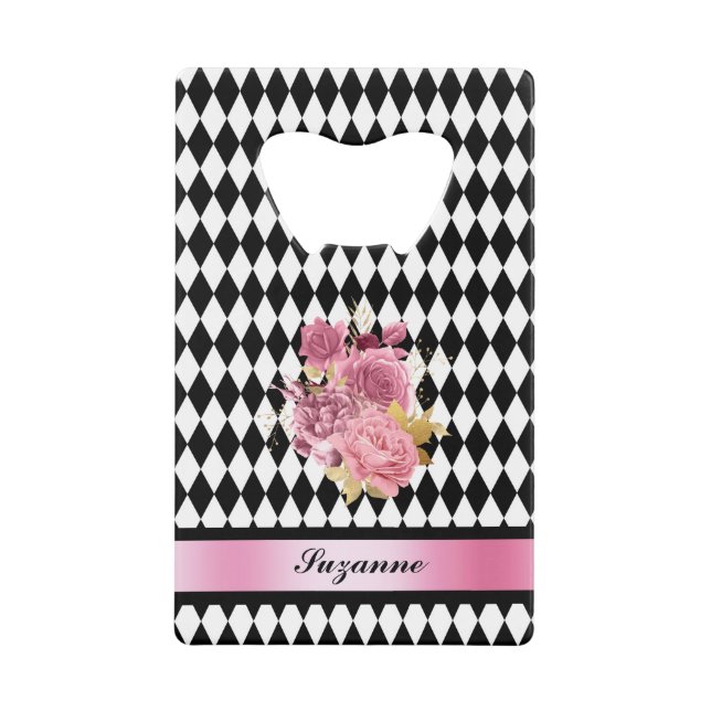 Schwarz-weißes Harlequin mit rosa Blume und Name Geldbeutel Flaschenöffner (Vorderseite)
