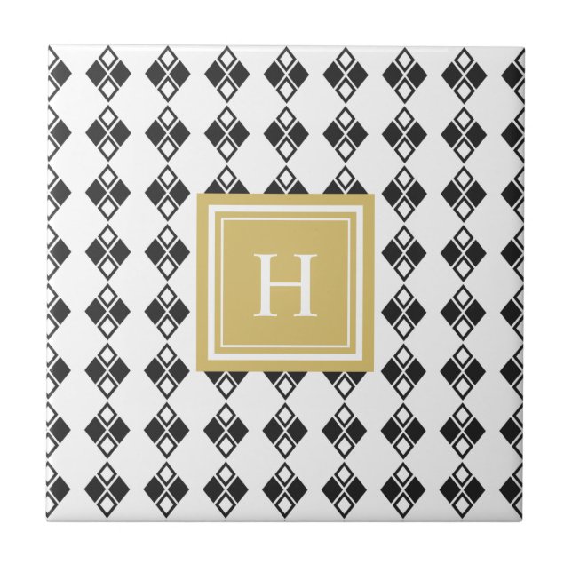 Schwarz-weißes Harlequin-Muster für Monogramm Fliese (Vorderseite)