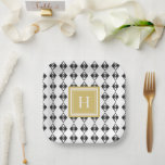 Schwarz-weißes Harlequin-Muster für Monogramm Pappteller<br><div class="desc">Schwarz-weißes Harlequin-Muster für Monogramm</div>