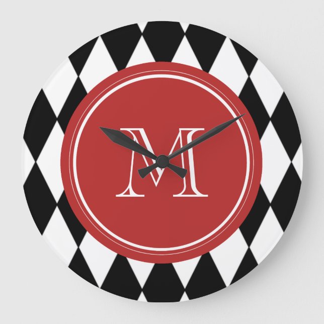 Schwarz-weißes Harlequin-Muster, rotes Monogramm Große Wanduhr (Vorderseite)