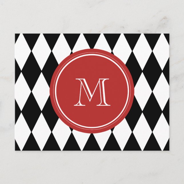 Schwarz-weißes Harlequin-Muster, rotes Monogramm Postkarte (Vorderseite)