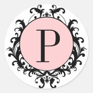 Schwarz-weißes Hochzeitmonogramm P Damask Pink-Eti Runder Aufkleber