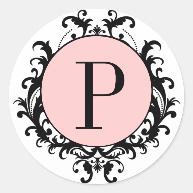 Schwarz-weißes Hochzeitmonogramm P Damask Pink-Eti Runder Aufkleber (Vorderseite)