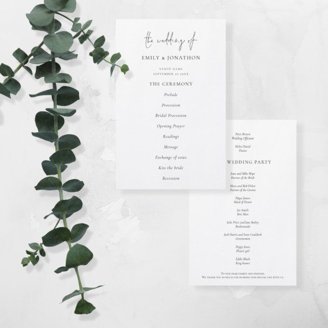 Schwarz-weißes Hochzeitsprogramm im eleganten Text (Von Creator hochgeladen)