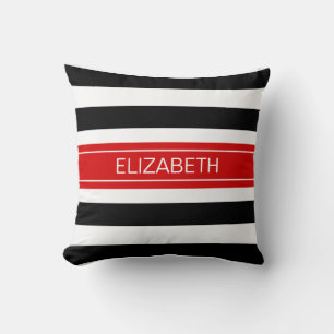 Schwarz-weißes Horz Preppy Strip Red Name Monogram Kissen