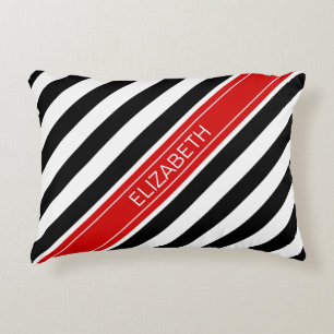 Schwarz-weißes Horz Preppy Strip Red Name Monogram Zierkissen