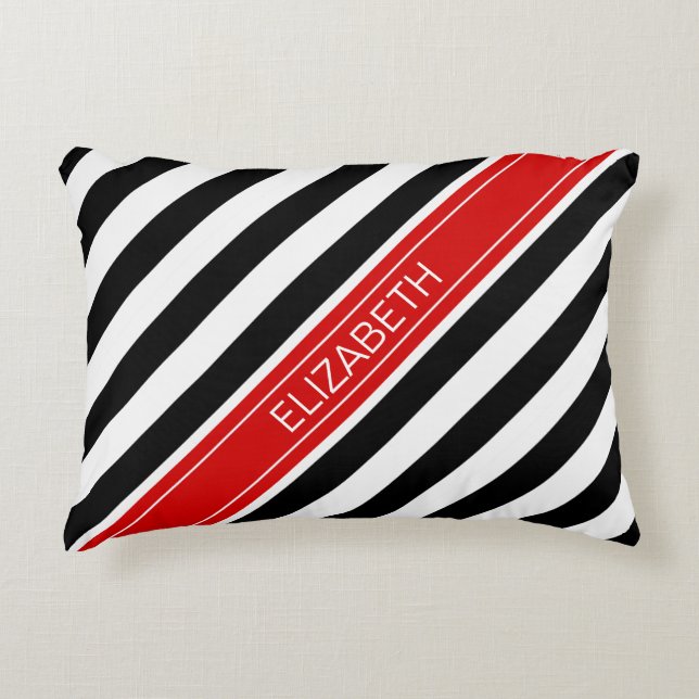 Schwarz-weißes Horz Preppy Strip Red Name Monogram Zierkissen (Vorderseite)