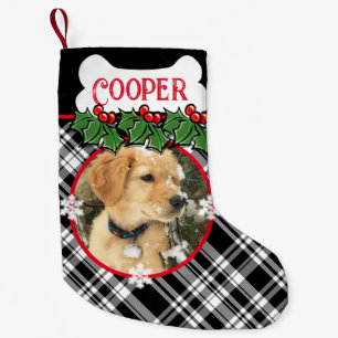 Schwarz-weißes Hundetier kariert personalisieren Kleiner Weihnachtsstrumpf