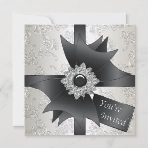 Schwarz-weißes Ivory Damask Party Einladung