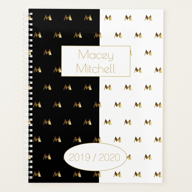 Schwarz-weißes Jahr 2019 2020 Goldmonogramm Planer (Vorderseite)
