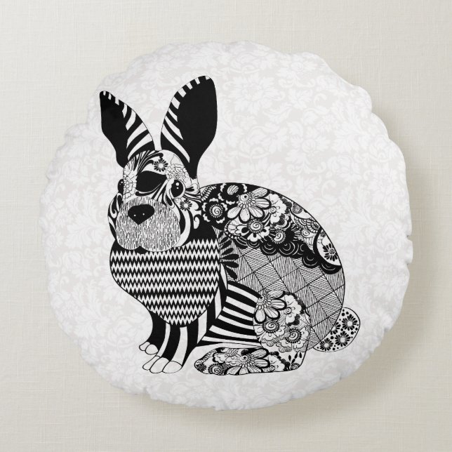 Schwarz-weißes Kaninchen Rundes Kissen (Vorderseite)