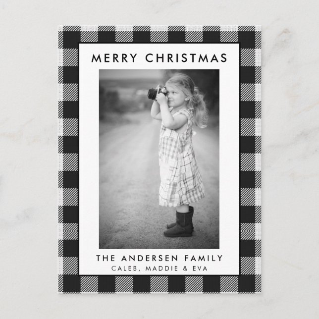 Schwarz-weißes Kariertes Foto Frohe Weihnachtskart Postkarte (Vorderseite)