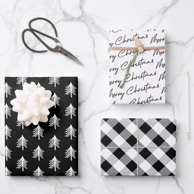 Schwarz-weißes Kariertes Muster Weihnachten Geschenkpapier Set (Vorderseite)
