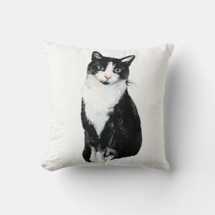 Schwarz-weißes Katzen-Wasserfarbenbild Kissen