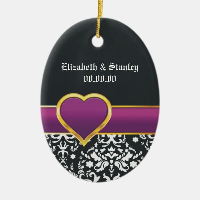 Schwarz-weißes lila Herz Save the Date Keramik Ornament (Vorne)