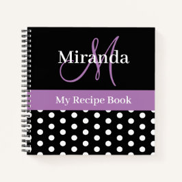 Schwarz-weißes Lila Monogramm Polka Dot Rezept Notizbuch