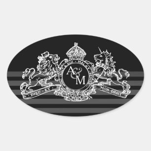 Schwarz-weißes Lion Unicorn Regal Emblem Monogramm Ovaler Aufkleber