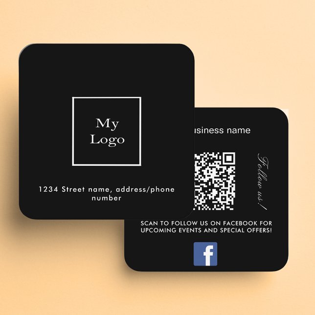 Schwarz-weißes Logo QR Code Facebook folgen uns Quadratische Visitenkarte (Von Creator hochgeladen)