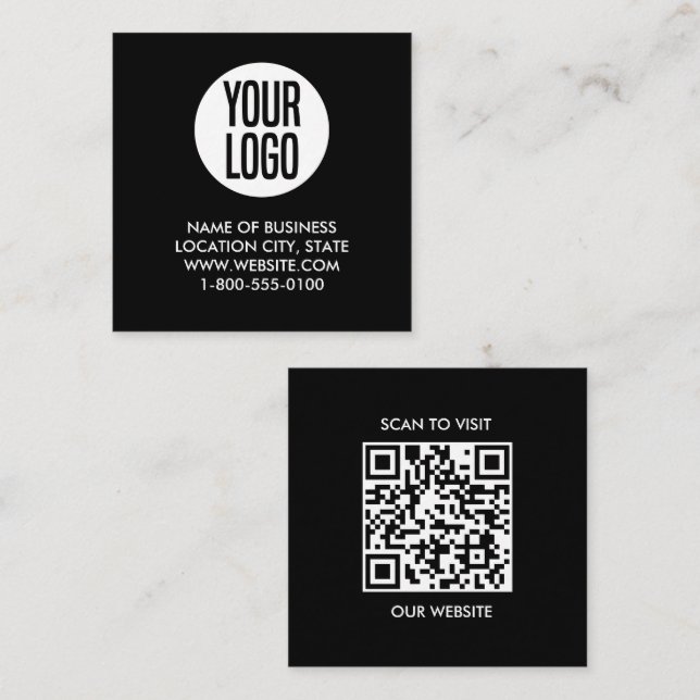 Schwarz-weißes Logo und QR-Code Quadratische Visitenkarte (Vorne/Hinten)
