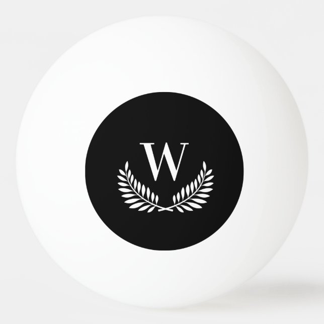 Schwarz-weißes Lorbeerkranz-Monogramm Tischtennisball (Vorderseite)
